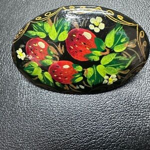 284- Vintage Hand-Painted Signed Floral Strawberries Oval Russian Brooch Bk Red